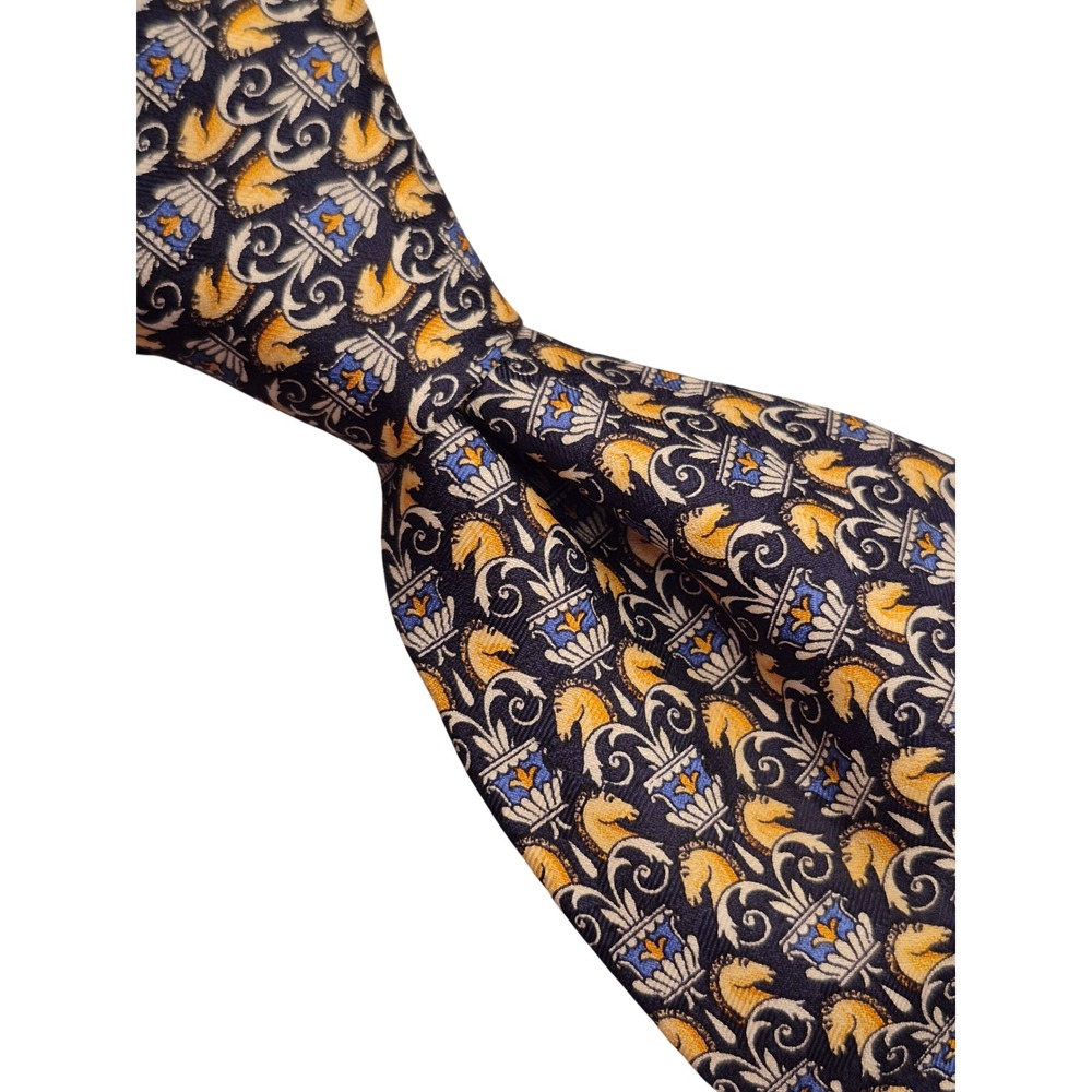 Vitaliano Pancaldi Mens Silk Tie Navy Blue Gold Horse Head Equestrian Italy VTG